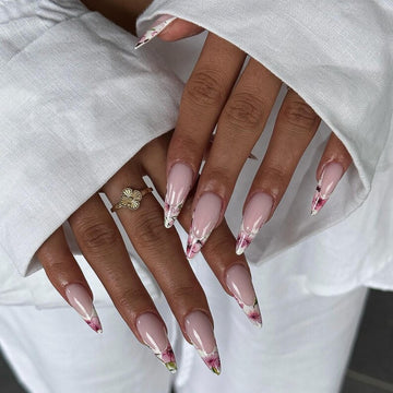 Nude Pink Press On Nails | Luxury Floral Nails | Elegant Nude & White Nail Art | Handmade Long Almond Nails | Garden Chic Press Ons