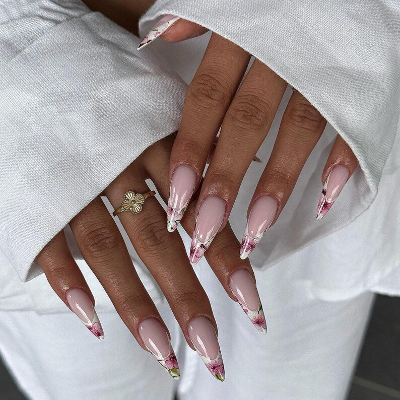 Nude Pink Press On Nails | Luxury Floral Nails | Elegant Nude & White Nail Art | Handmade Long Almond Nails | Garden Chic Press Ons