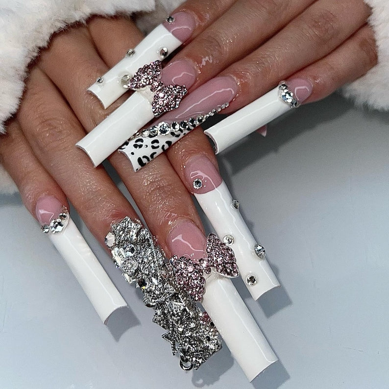 Black White Press On Nails | XL Square Leopard Nails | Sparkly Rhinestone Bow Nail Art | Date Night Statement Press Ons | Girls Night Out