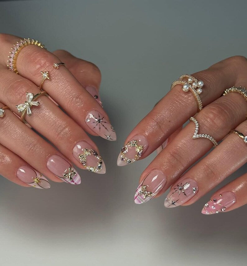 Valentine Gold Bow Press On Nails, Baby Pink Base Nails with 3D Gold Charm, Romantic Coquette Style Handmade Nails, French Tip Nails