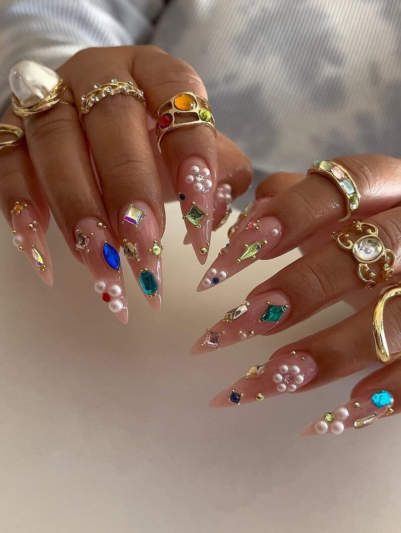 Luxury Press On Nails | Long Stiletto Crystal Nails | Rhinestone & Pearl Fake Nails | Glam Nail Art Set | Party Prom Nails | Reusable Nails