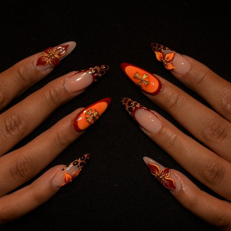 Elegant French Tip Press On Nails | Long Almond Leopard Nails | Orange Orchid & Cross Nail Art | Luxury Chic Press Ons