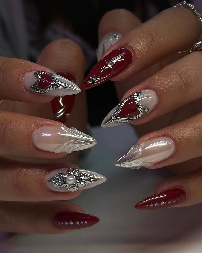 Gothic Valentine Press On Nails | 3D Heart Design Fake Nails | Red & Silver Luxury Nail Art | Gothic Bridal False Nail | Red Gothic