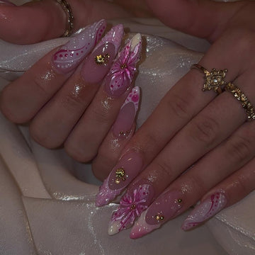 Tropical Flower Press On Nails | Airbrush Pink Floral Nail Art | 3D Floral Mermaid Nails | Spring Summer Beach Party Press Ons | Luxury Nail