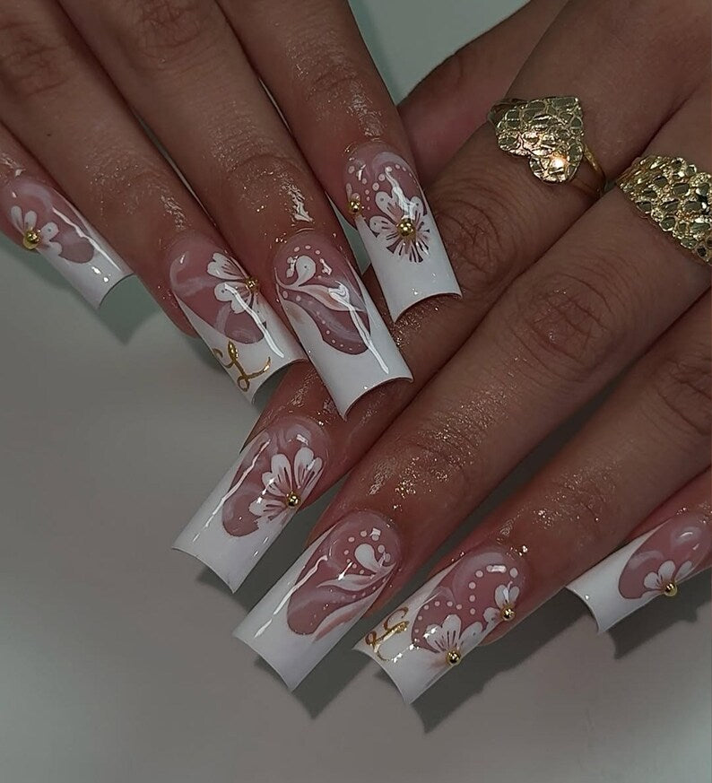 Elegant Blossom French Press On Nails | White & Pink Floral Nail Art | Long Square Handmade Luxury Set | Delicate 3D Flower Nails
