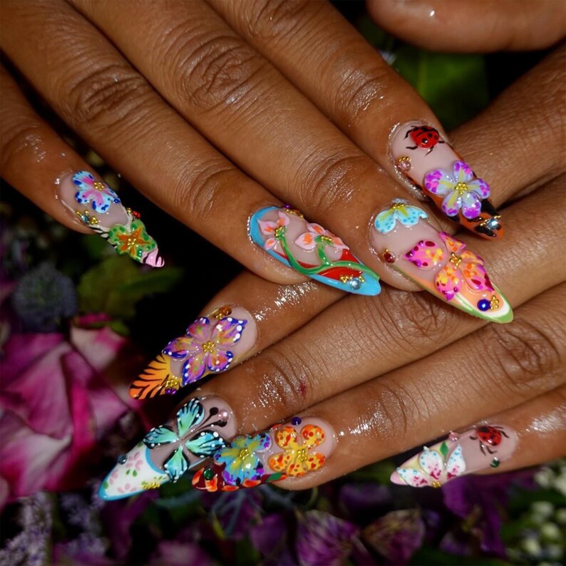 Vibrant 3D Butterfly Press On Nails | Bold & Colorful Fake Nails | Handmade Floral Nail Art | Garden-Inspired Almond Nails | Luxury