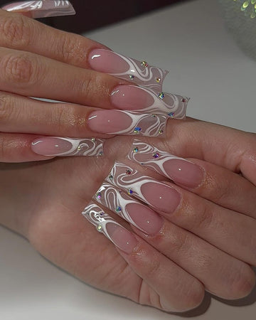 Elegant Abstract White Swirl French Tip Long Square Press On Nails | Jelly Nude Pink Fake Nails with Rhinestones | Trendy Design Clean Style