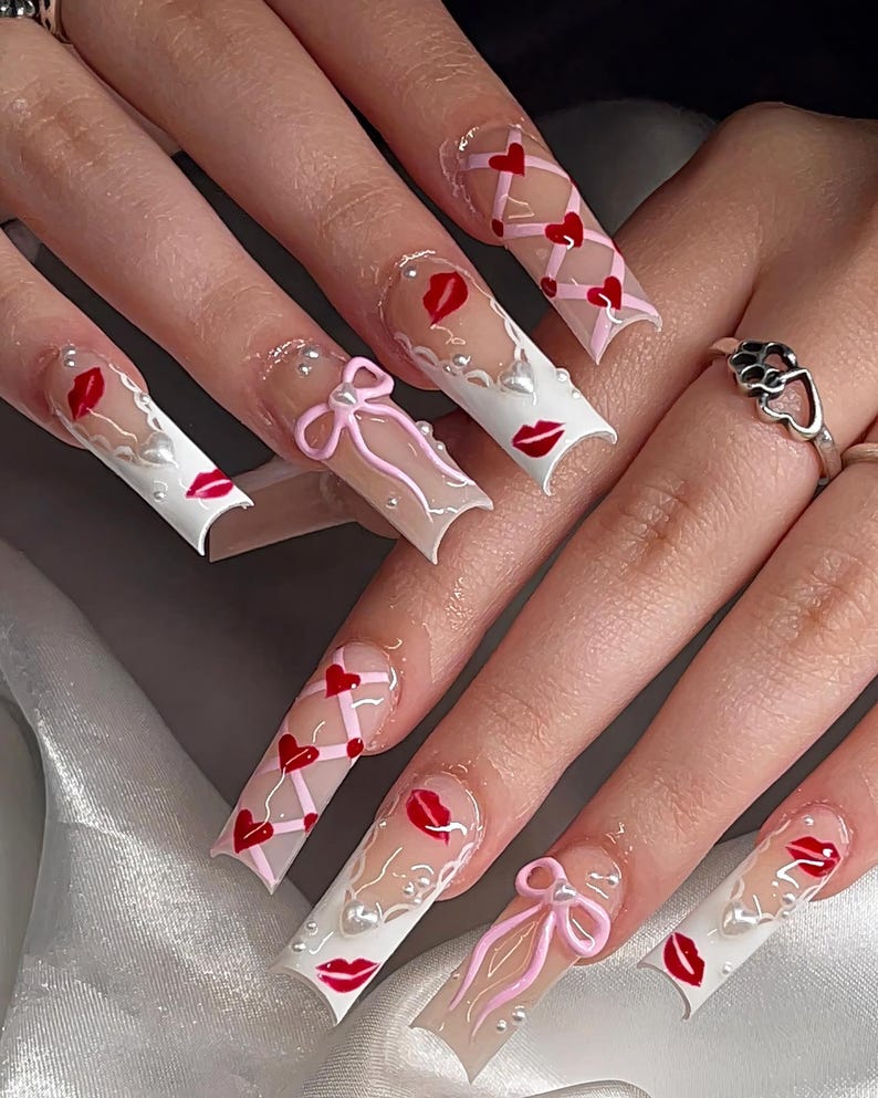 Red Kiss Press On Nails with 3D Pink Bow, White Heart Corset Nail Art, Cute Valentine Nails, Pink Ribbon Bow Nails, French Nails Tip Nails