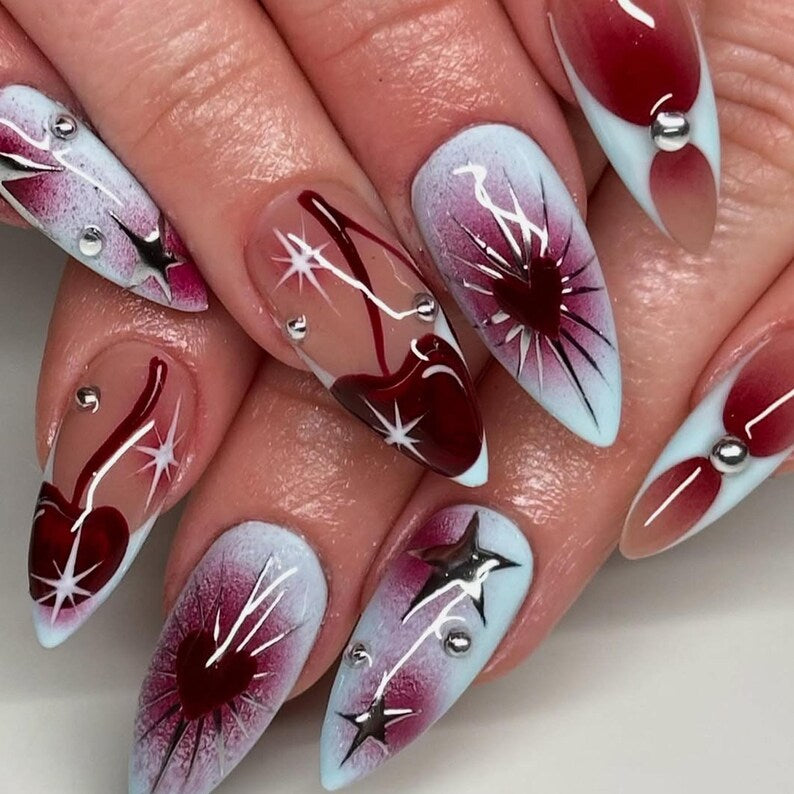 Airbrush Blue Gradient Press On Nails by SugarNailArt | Heartburst Chrome Nail Art | 3D Hearts & Stars Fake Nails | Y2K Inspired Nails