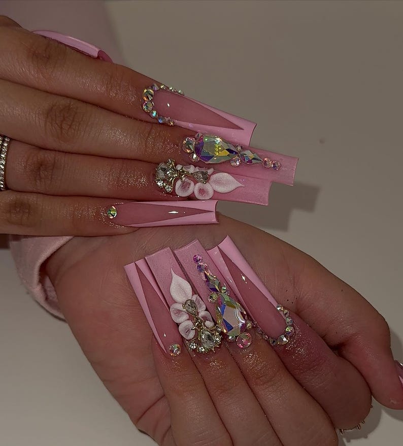 Handmade Luxury 3D Flower Deep V-Cut French Tip Long Square Press On Nails | Pink Bling Fake Nails | Rhinestone & French Nail Art
