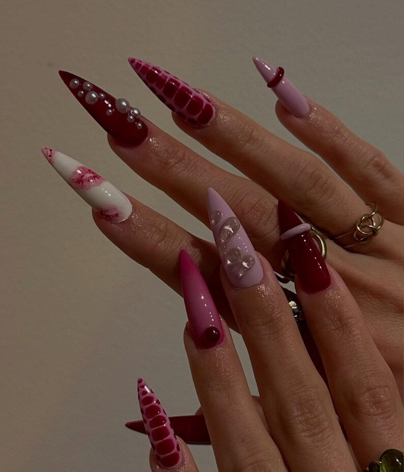 Gothic Glam Press On Nails | 3D Red Pink Chain Nail Art | Handmade Edgy Croc Texture Nails | Dark Romance Stiletto Nails | Y2K Nails
