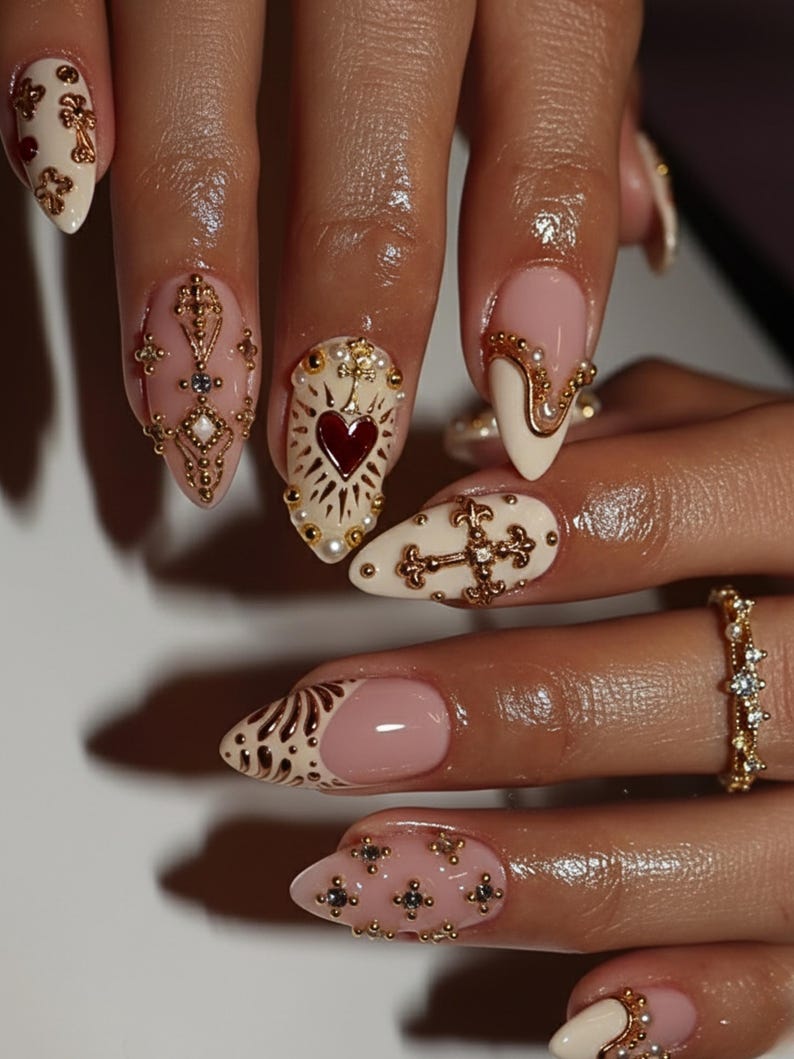 Golden Heart Baroque Press On Nails | Valentine Nails | Ivory Blush French Tips | Cross & Heart Nails | Vintage Religious Nail Art