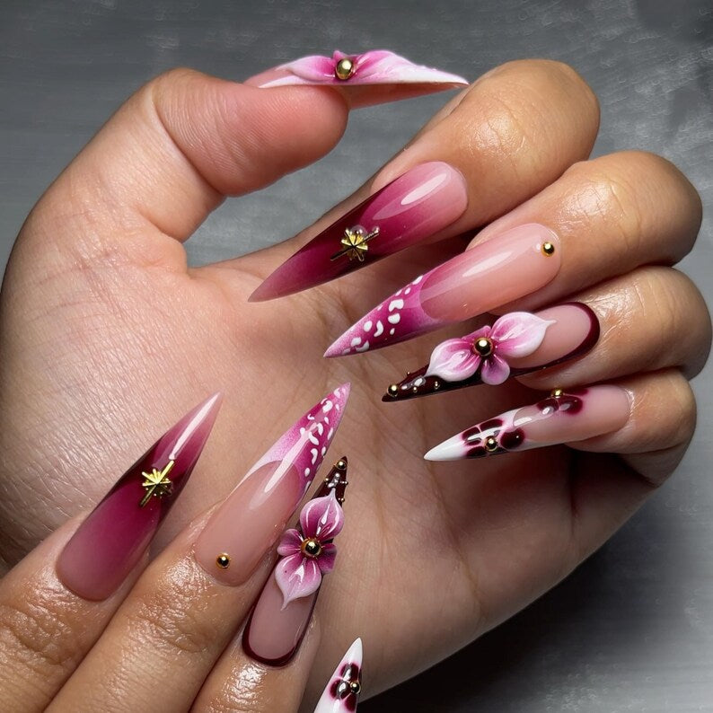 Wine Marble & 3D Floral Press On Nails | Glossy Pink Purple Ombre Gradient | Crystal Embellishments And Metallic Accents