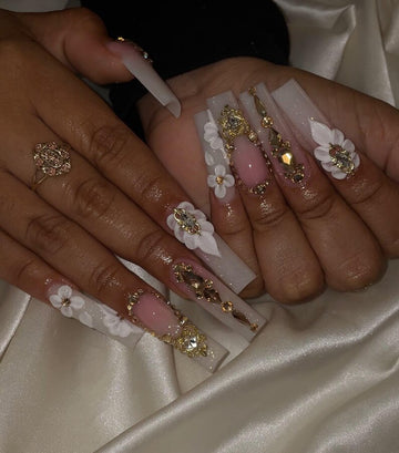 Luxury 3D White Flower Press On Nails | Gold Rhinestone Gem Milky White Long Square Fake Nails | Elegant Bridal Prom Birthday Nail Art
