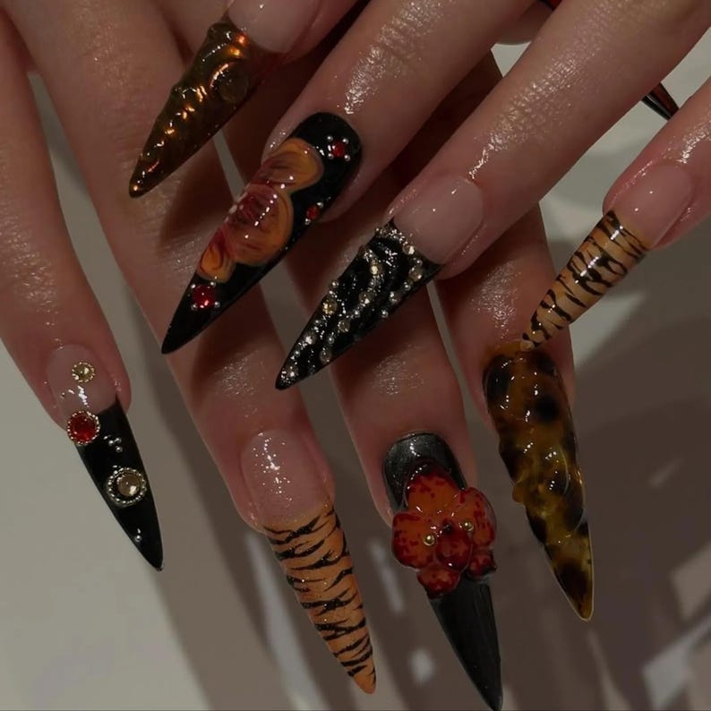 Wild Bloom Safari Press On Nails | Leopard Zebra Print & 3D Red Flower Art |Black Red Gradient Glossy Stiletto Tips | Animal Print Nail