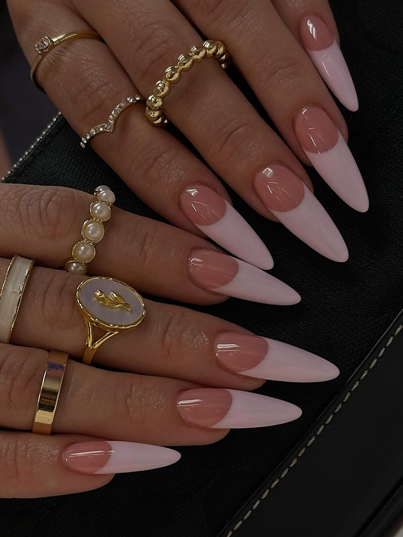 Baby Pink French Tip Press On Nails | Long Almond Minimalist Pink Nails | Elegant Daily Wear Set | Valentines French Tip With Pink Base