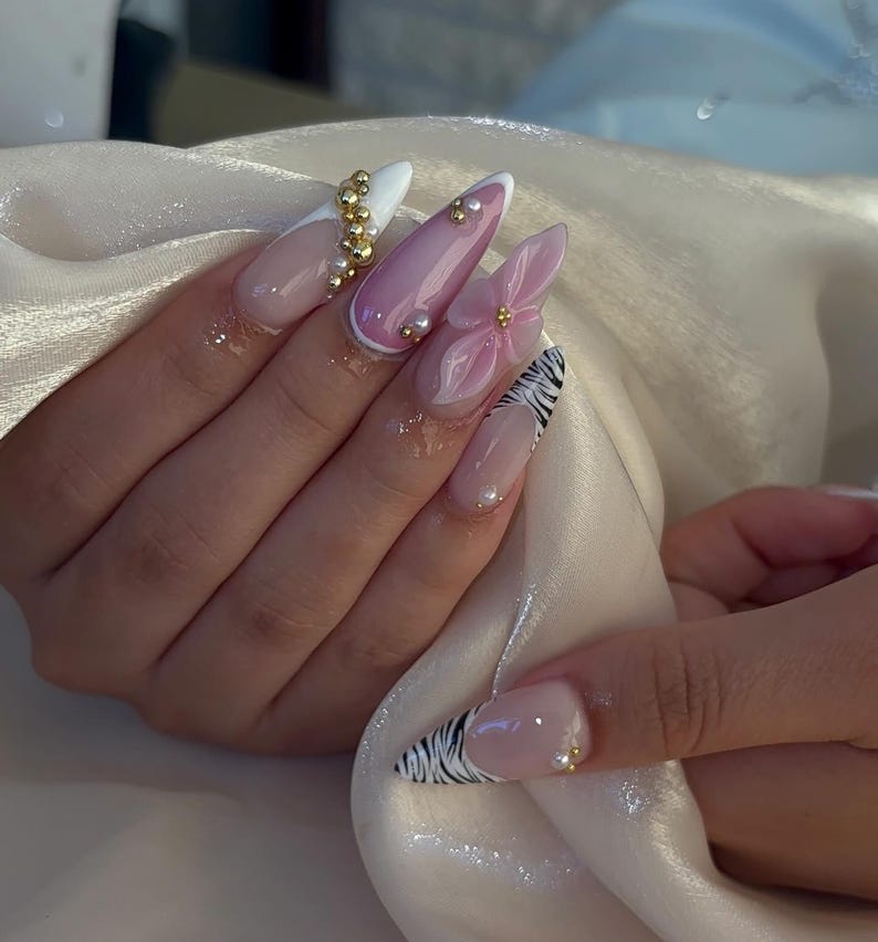 Zebra Glam Flower Press On Nails | Pink 3D Floral Rhinestone Nails | Long Stiletto Zebra Print Nail | Elegant Glam Safari Aesthetic Nail