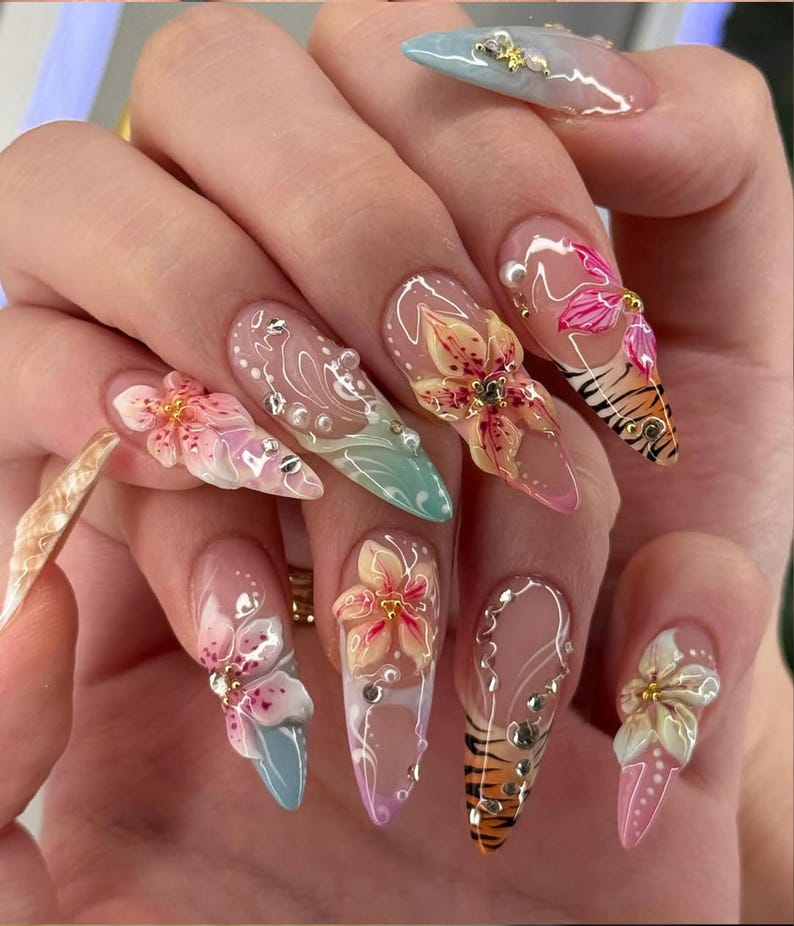 Tropical Glam Press On Nails | Floral & Tiger Nail Art | Y2K Pastel Summer Nails | Bold Vacation Nails | Long Stiletto Leopard Nail