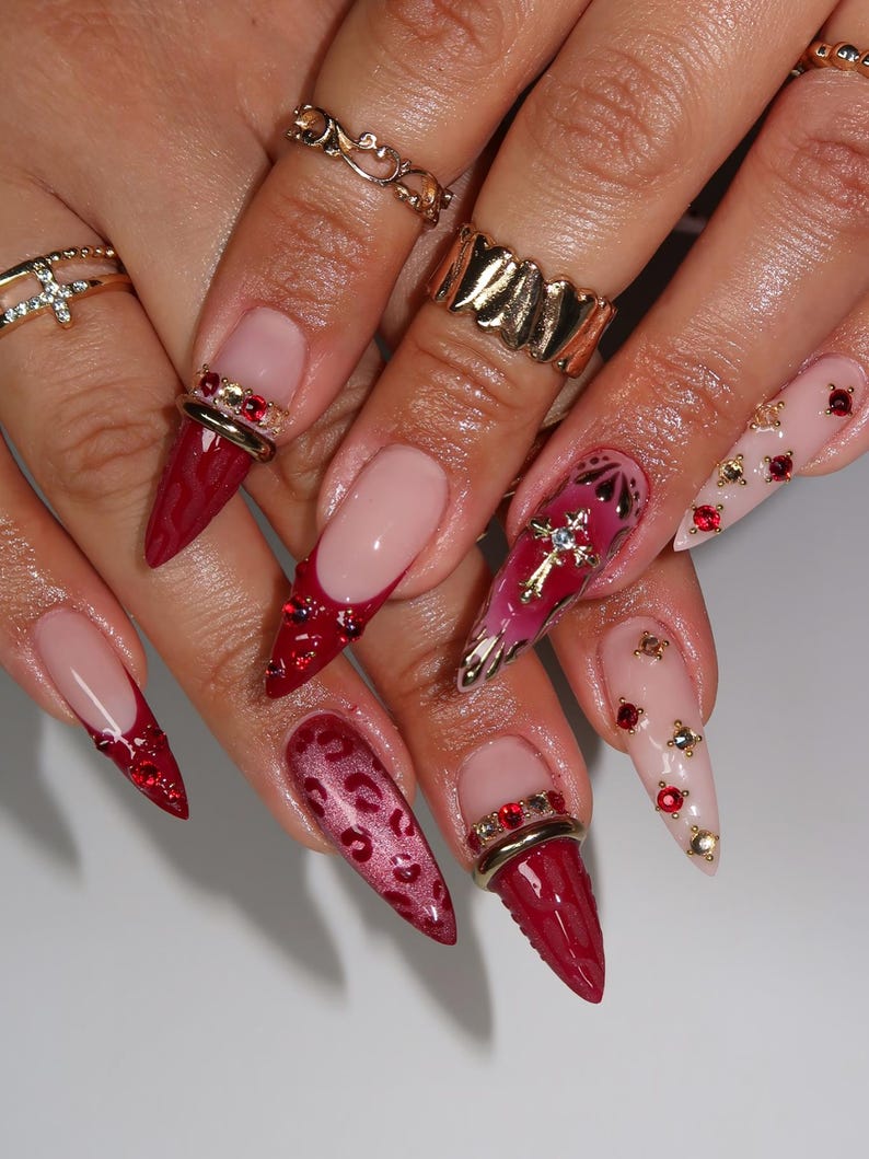 Valentine Red Press On Nails, Luxury Burgundy Leopard Nails with Cross Charm, Romantic Heart Nail Set, Nails press on