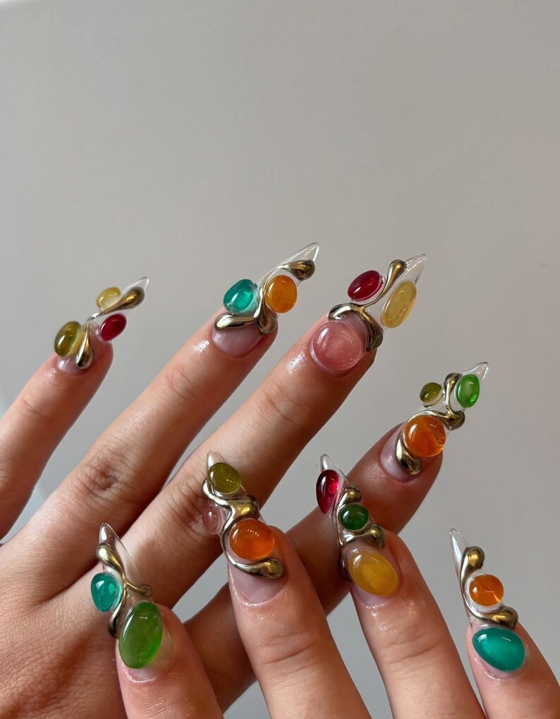Gemstone Fantasy Press On Nails | Sculptural Jelly Chrome Nail Set | 3D Mineral Stone Nail Art | Futuristic Rainbow Nails