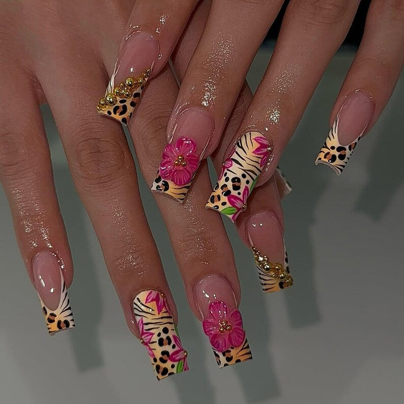 Tropical Safari Press On Nails | Leopard Print Fake Nails | 3D Flower French Tips Nail Art | Glam Jungle Fake Nails | Animal Nails