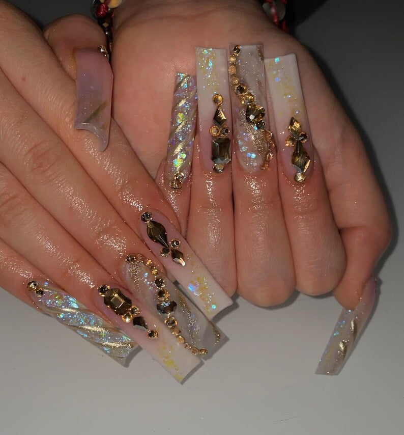 Handmade XL Gold Luxury 3D Flower Press On Nails | Maximalist Heart Crystal Rhinestone XL Square Fake Nails | Elegant Birthday And Event Art