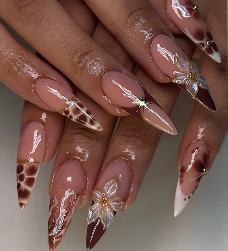 Luxury Autumn Brown Press On Nails | Mocha Gradient, Tortoiseshell & Star Accents | Handmade Nail Set