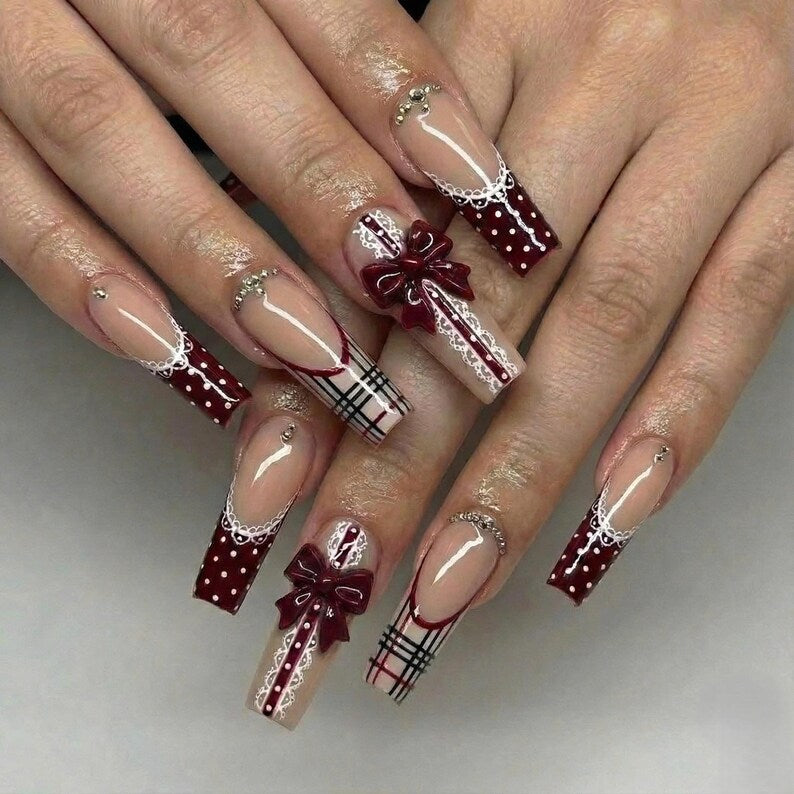 Luxury Burgundy French Tip Nails with 3D Bow, Plaid Holiday Press On Nails, Winter Lace Design, Long Square Reusable Nails