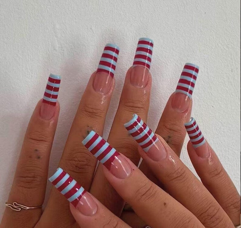 Striped French nails: Custom Starburst Design//Glitter Nails/Sparkle Nails/Brown Nails/Star Nails/3D Gold Chrome nail/gift for her