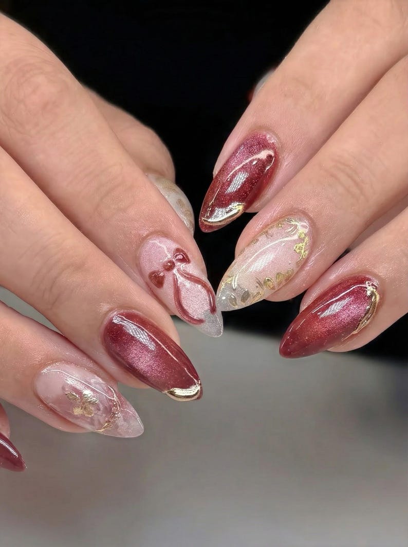 Crimson Romance Valentine Press On Nails | Red Velvet Nails | Gold Bow & Floral Nail Art| Elegant Luxury Nail| Short Press On Nails