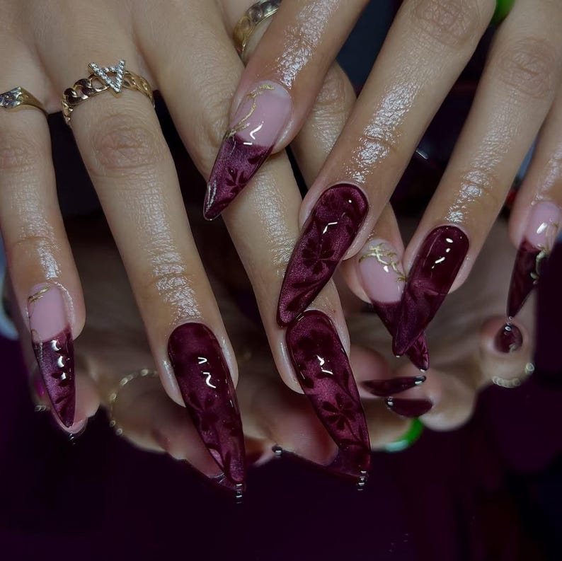 Burgundy Blooming Flower Press On Nails | Luxury French Fake Nails | Mulberry Floral Nail Art | Spring Press Ons | Long Stiletto Purple Nail