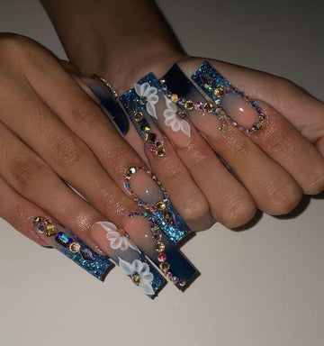 Elegant 3D Flower & Navy Blue Ombre XL Square Press On Nails | Luxury Sparkling Midnight Ocean Fake Nails with Rhinestones for Party, Event
