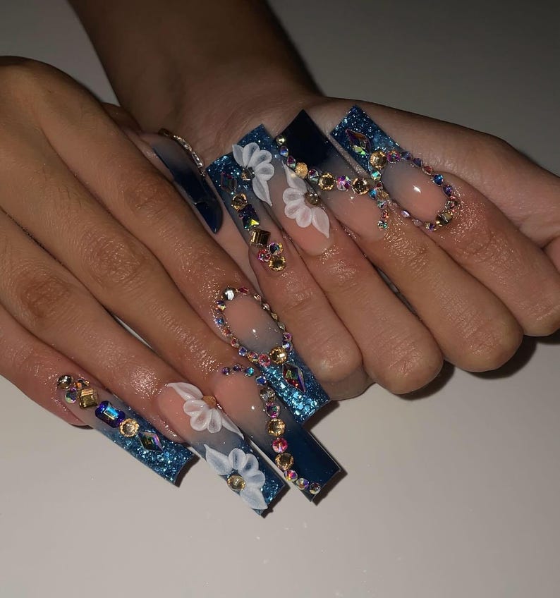 Elegant 3D Flower & Navy Blue Ombre XL Square Press On Nails | Luxury Sparkling Midnight Ocean Fake Nails with Rhinestones for Party, Event