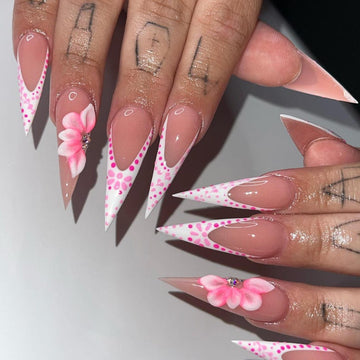 French Tip Press On Nails | 3D Floral Almond Nail Set | Floral Press On Nails Stilleto Irregular French Tips Spring Trendy Nail