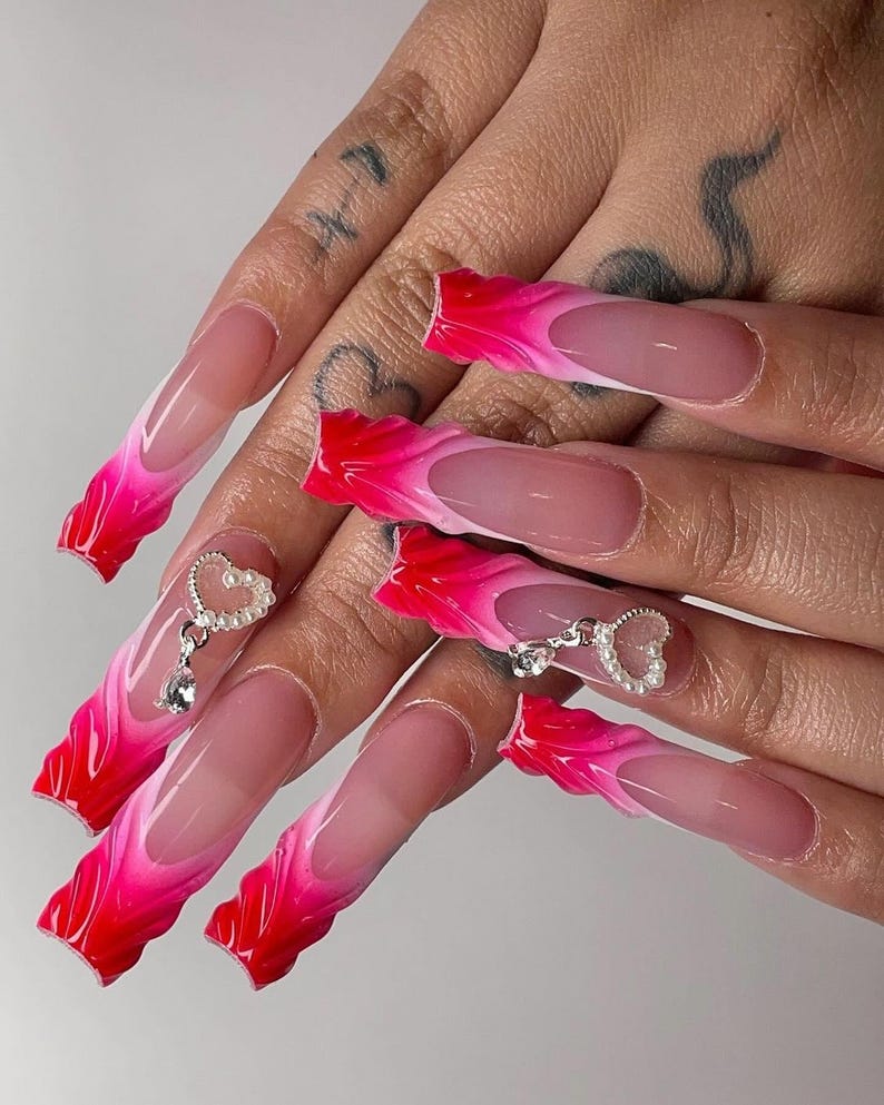 Pink Ombre Heart Charm Press On Nails, 3D Heart Nails, Valentine Nails, Glossy Pink French Tip Nail Set