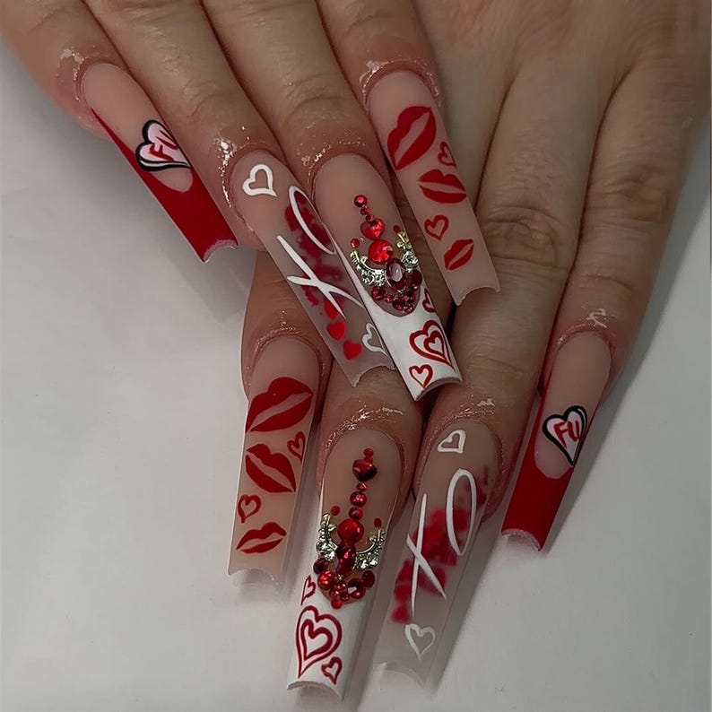 Valentine XO Heart Press-On Nails | Luxury Red XO Nail Art | Valentine’s Love Theme Nails | Elegant Red Kiss Nails | Romantic Design
