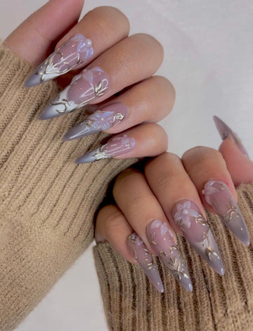 Spring Floral Elegant Press On Nails | Lavender Smoke French Tips Nail Art | 3D Floral Pearl Nails | Elegant Silver Filigree Design