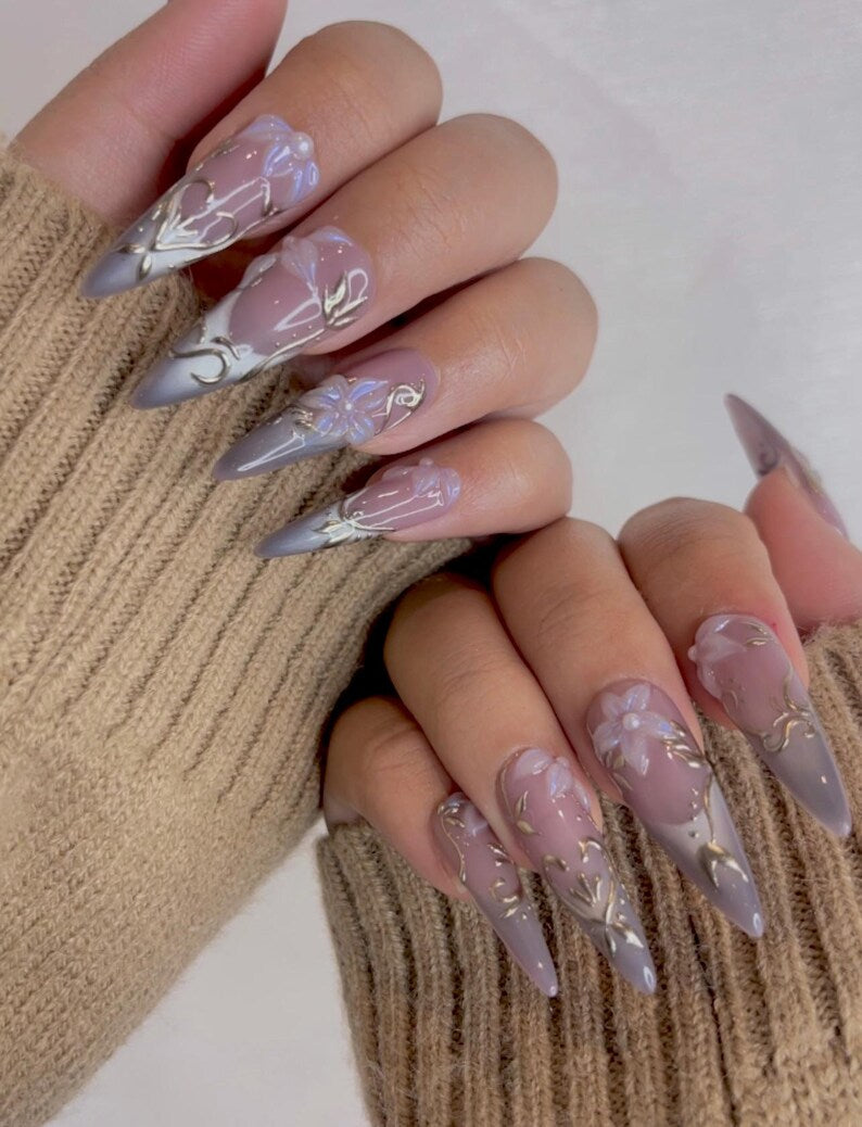 Spring Floral Elegant Press On Nails | Lavender Smoke French Tips Nail Art | 3D Floral Pearl Nails | Elegant Silver Filigree Design
