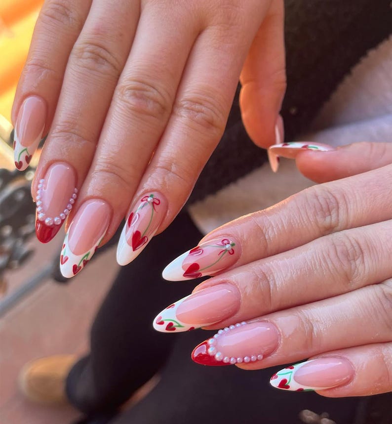 Valentine French Tip Heart Press-On Nails | Romantic Heart Design Nails with Pearl Accents | Red & White Heart Nails | Love-Inspired