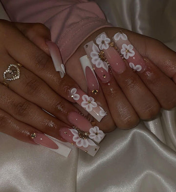 Elegant 3D White Flower French Tip Press On Nails | Nude Pink Long Square with Gold Rhinestones | 3D Floral Nails | Bridal Nail Art
