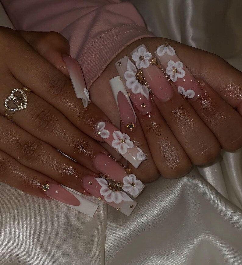 Elegant 3D White Flower French Tip Press On Nails | Nude Pink Long Square with Gold Rhinestones | 3D Floral Nails | Bridal Nail Art