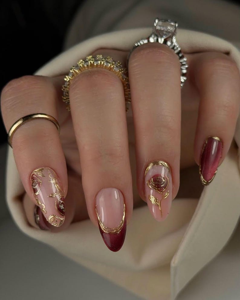 Burgundy Gold Rose Press On Nails for Valentine Days | French Tip Floral Nails for Date Nights | Luxury Rose Nail for Girl Friend