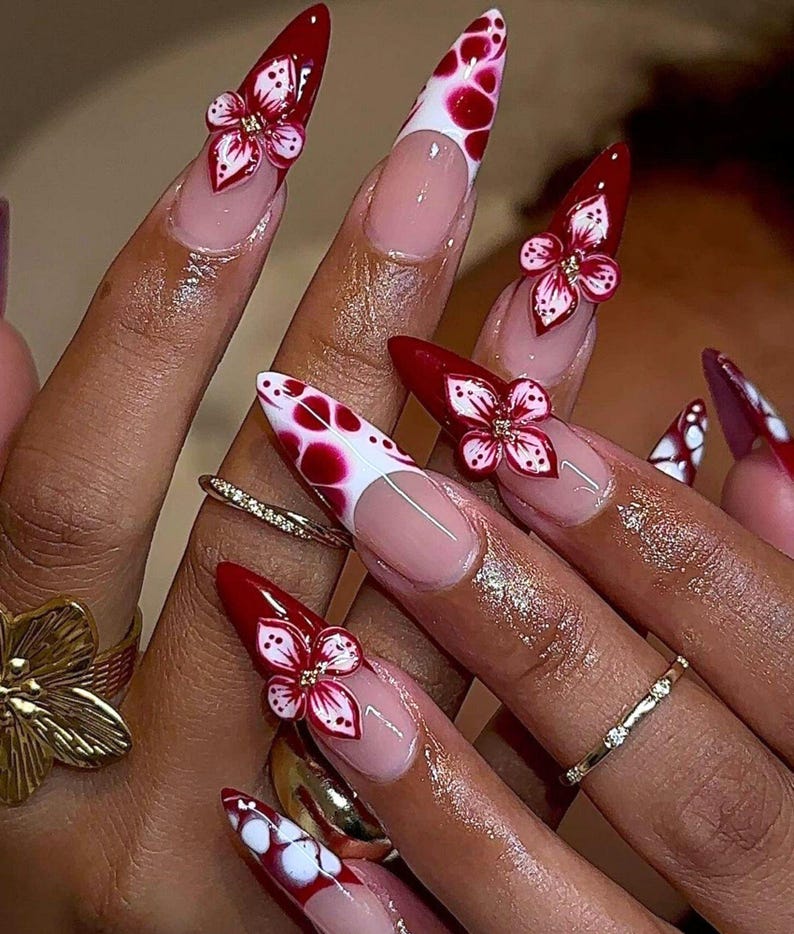 Spotted Red Flower Press On Nail, Long Stiletto Fake Nail for Spring-Summer, Unique French Tips Nail Art, Gel Nails, 3D Nails, Gel Nails