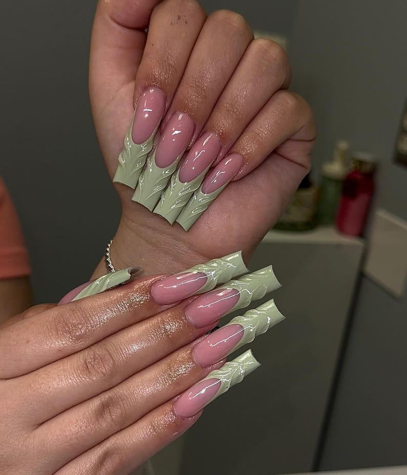 Elegant Sage Green 3D Textured V-French Press On Nails - Long Square - Minimalist Elegant Handmade Nail Art for Spring & Everyday Wear