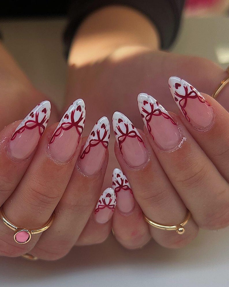 Valentine Red Bow Press-On Nails French Tip Heart Coquette Core Gift