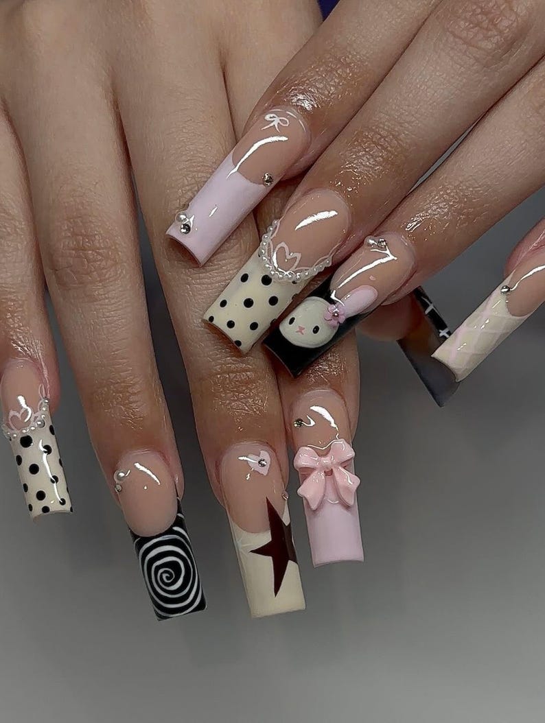 Star Glam Rock Press On Nails | Pink & Black Star Nail Art | Polka Dot French Tip Nails | Edgy Y2K Nail Design | Handmade Kawaii Nails