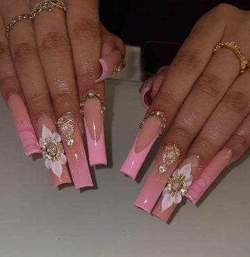 3D Flower Pink Crocodile Print Luxury Press On Nails | XL Square French Tip with Dangling Charms & Rhinestones | Long Nails For Clean Girls