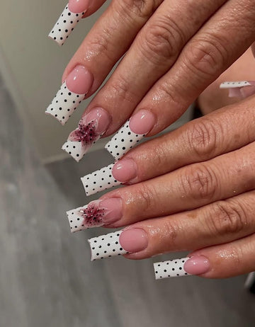 Luxe Polka Dot Press On Nails | White French Tip with Black Dots Nail Art | 3D Pink Flower Accent Nails | Handmade Long Square Nails