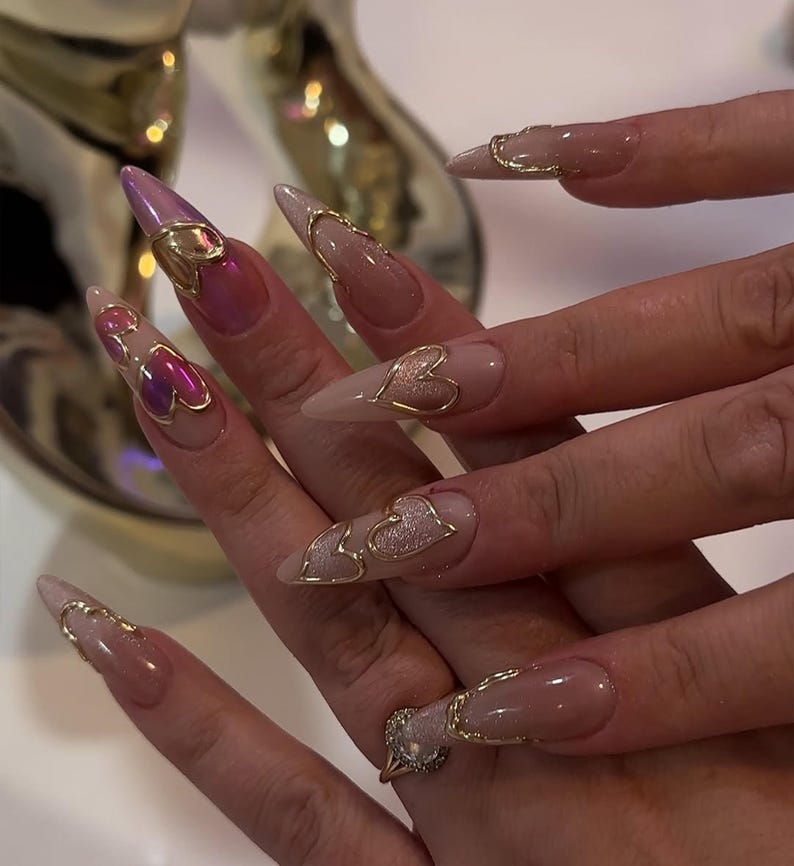 Pink Heart Chrome Press On Nails | Nude Pink & Gold French Tip Nail Art | Handmade Glam Press Ons | Handmade Aesthetic Nails