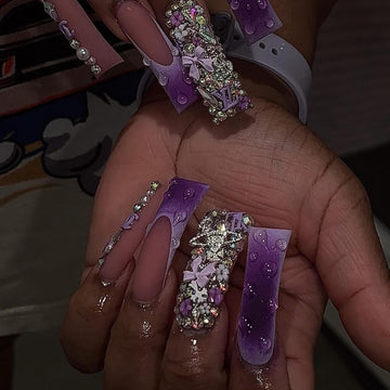 Purple Frencch Tip Press On Nails | Hand-Painted ombre Nail Art | Vibrant Print Nails & Silver Butterfly Accents